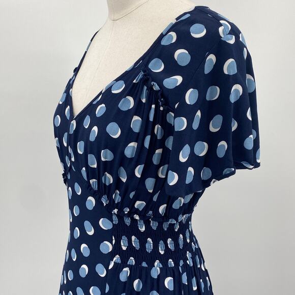 Ann Taylor Midi Dress Fit & Flare Blue Polka Dot Print Empire Waist Navy Blue S - Picture 4 of 9